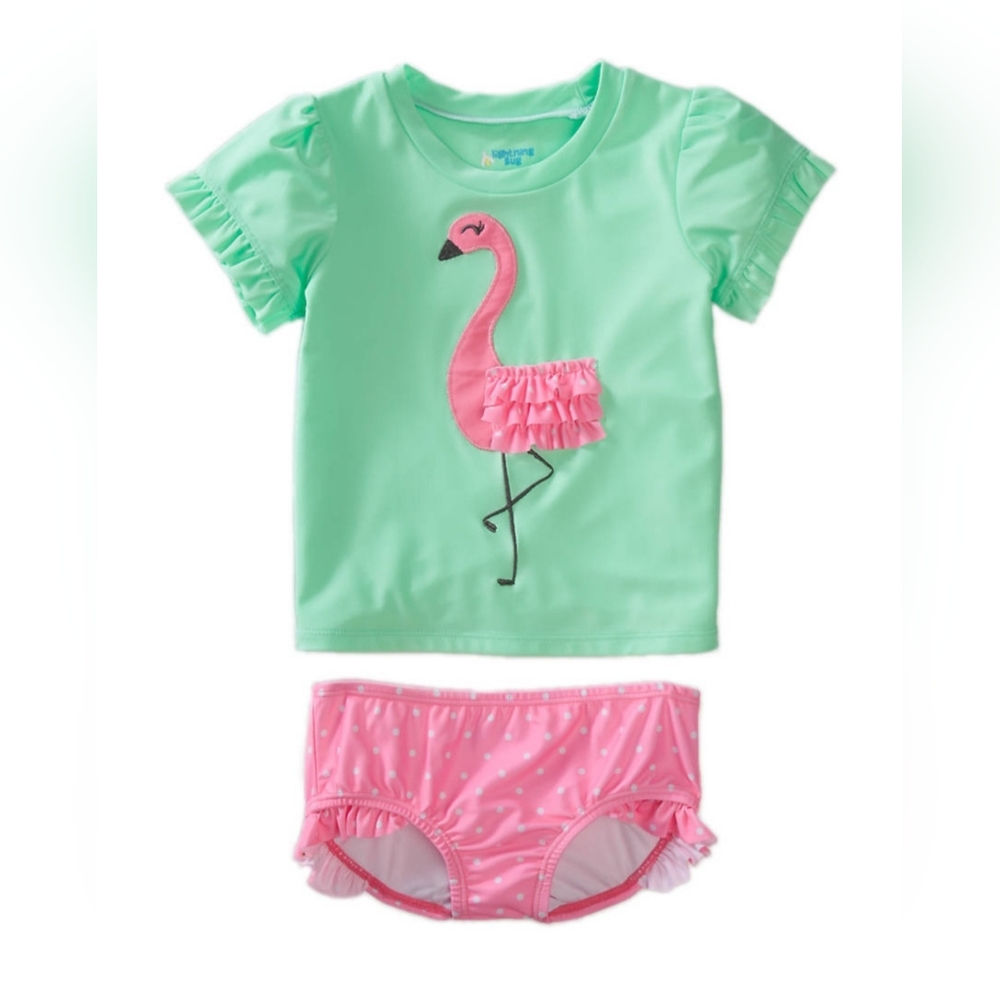 Girls Lightning Bug Flamingo Ruffle 2 Piece Bathing Suit Size 6
